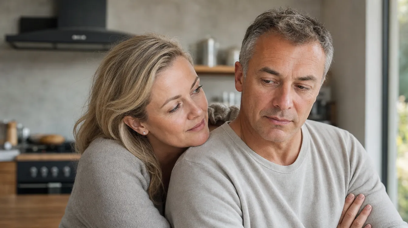 A couple in a kitchen, one leaning in while the other subtly turns away