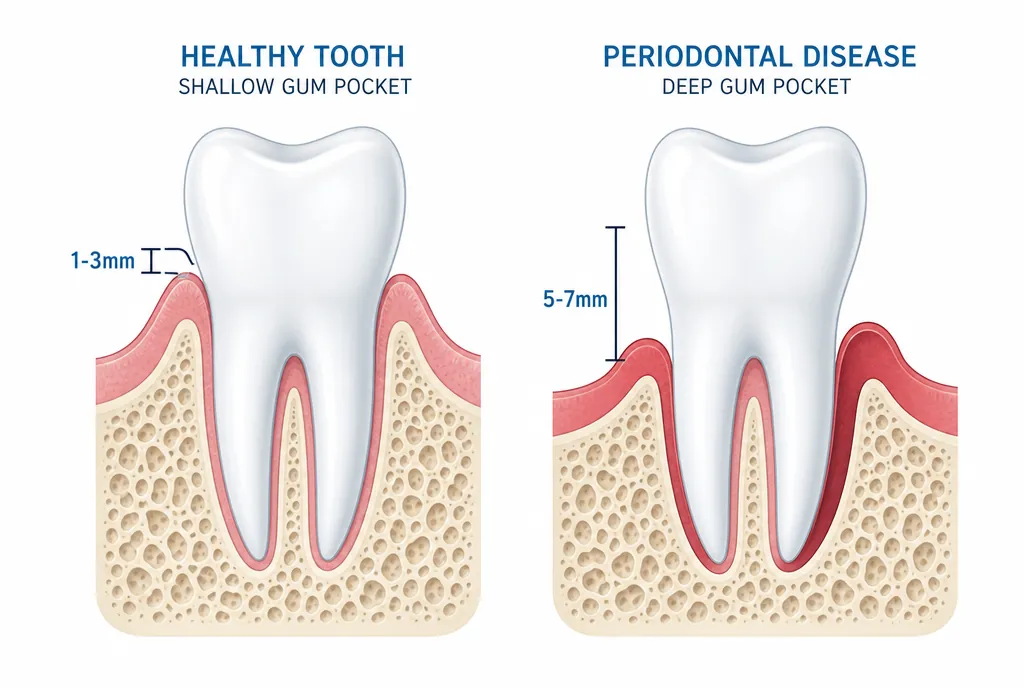 Cross-section comparison: a shallow healthy pocket versus a deep pocket where odor-causing bacteria sit below the gumline